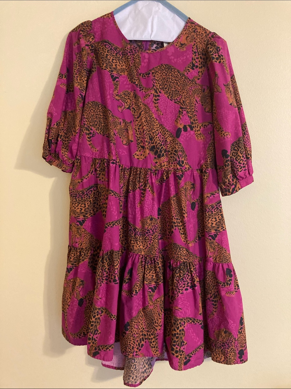 FARM Rio Hot Pink and Brown Leopard Tiered Mini Dress
